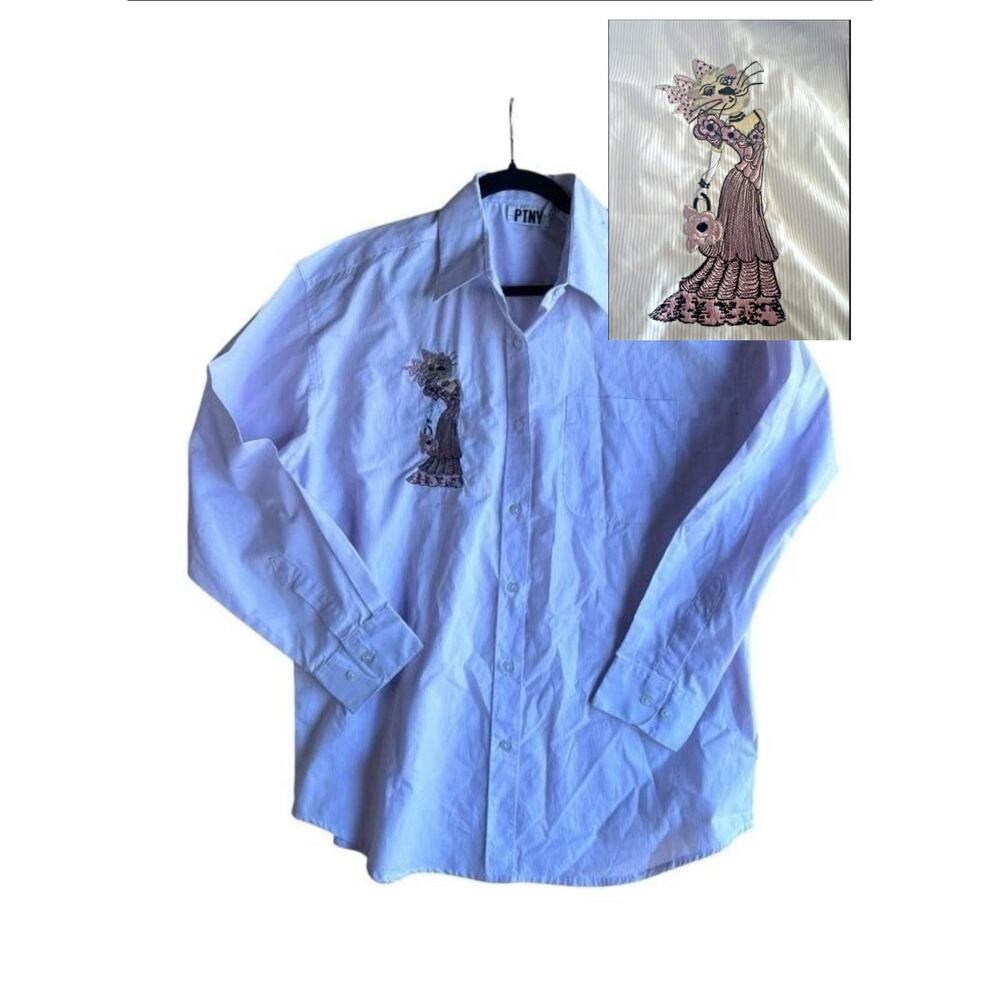 PTNY Vintage Women's Blouse Cat Embroidered Button Up Purple Striped Size Large